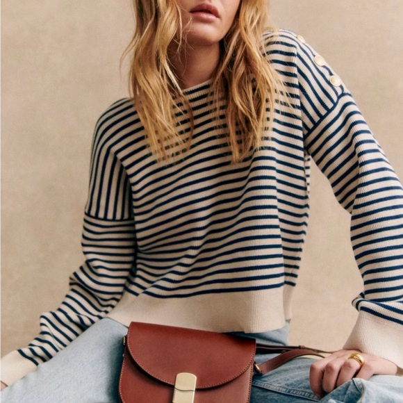 Sézane Daisy Striped Navy and White Sweater - Picture 1 of 6